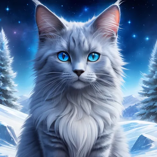 Prompt: warrior cat with {russian blue fur} and {crystal blue eyes}, ice element, frost, senior she-cat, ageless, Erin Hunter, gorgeous anime portrait, beautiful cartoon, 2d cartoon, beautiful 8k eyes, elegant {blue fur}, pronounced scar on chest, fine oil painting, modest, gazing at viewer, beaming blue eyes, glistening blue fur, low angle view, zoomed out view of character, 64k, hyper detailed, expressive, timid, graceful, beautiful, expansive silky mane, deep starry sky, golden ratio, precise, perfect proportions, vibrant, standing majestically on a tall crystal stone, hyper detailed, complementary colors, UHD, HDR, top quality artwork, beautiful detailed background, unreal 5, artstaion, deviantart, instagram, professional, masterpiece