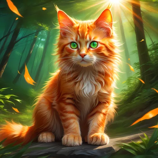 Prompt: warrior kitten with {fiery orange fur} and bright green eyes, young male fire cat, epic anime portrait, beautiful 8k eyes, fine oil painting, intense, lunging at viewer, wearing shiny bracelet, solid red belly, lush fantasy forest, zoomed out view of character,  (unsheathed claws), visible claws, 64k, hyper detailed, expressive, intense, hissing cat, aggressive, intelligent, lithe, small, covered in scratches and scars, thick billowing mane, glistening golden fur, golden ratio, precise, perfect proportions, vibrant, prowling by a sun-bathed river, hyper detailed, dynamic, complementary colors, UHD, HDR, top quality artwork, beautiful detailed background, unreal 5, artstaion, deviantart, instagram, professional, masterpiece