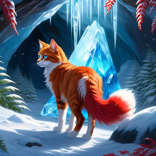 Prompt: warrior cat with {shiny red fur} and {ice blue eyes}, feral, quadruped, young she-cat, by Erin Hunter, gorgeous anime portrait, intense cartoon, beautiful 8k eyes, elegant {scarlet and garnet fur}, {pelt looks like a vixen fox}, fine oil painting, stunning, gorgeous, back view, gazing at viewer, beaming blue eyes, looking back, rear view, glistening scarlet fur, draped in ferns, snowstorm, ice element, 64k, hyper detailed, expressive, witty, graceful, beautiful, expansive silky mane, crystal mountain cave, golden ratio, precise, perfect proportions, vibrant, standing majestically on a tall crystal stone, hyper detailed, complementary colors, UHD, HDR, top quality artwork, beautiful detailed background, unreal 5, artstaion, deviantart, instagram, professional, masterpiece