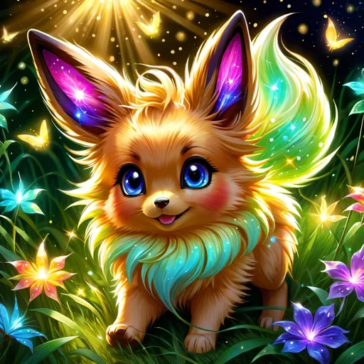 Prompt: (best quality: 1.5), (high quality:1.5), (intricate detail: 1.5), painting of an insanely beautiful magical Eevee, furry, fuzzy, happy, jubilant, magical, fairy dust, twinkling, bright colors, sparkling fur, shimmering, glistening, fairy dust in fur, dancing, running through a field, glistening golden fur, sparkling eyes, cute fangs, cute, vivid colors, vibrant colors, up close, close up, auroras, super fluffy, aurora halo, surreal, UHD, horizontal background, professional shading, 3D painting, ultra realistic fur, depth, running toward viewer, insanely detailed background, detailed fantasy style, insanely detailed fur, ultra detailed illustration, immaculate fur, fantasy, flying, professional digital painting, expressive face, beautiful eyes, 8k eyes, artstation, deviantart, Anne Stokes, trending, hyper detailed, stunning, breathtaking, beautiful, graceful, ethereal, enchanting, enchanted grassland, sparkling fireflies, breezy summer night, starry sky, 8k, 16k, 64k, unreal engine, perfect pose, golden ratio, symmetric, perfect proportions