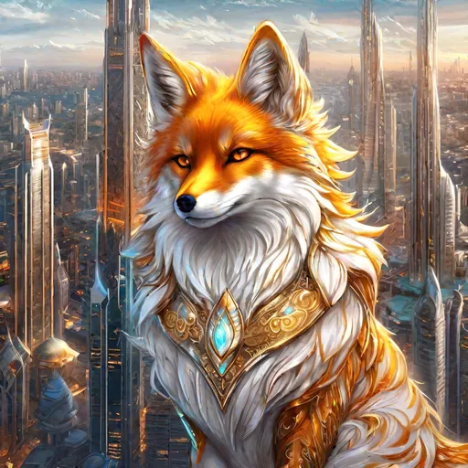 Prompt: (masterpiece, hyper detailed, epic digital art, professional illustration, fine colored pencil), Adolescent runt ((kitsune)), (canine quadruped), nine-tailed fox, dreamy amber eyes, fuzzy {white-gold} pelt, (golden necklace with brilliant orange gemstone), pointy brown ears, in a large futuristic city, skyscrapers tower above her, misty rain, clear puddles on floor, the city lights up against twilight, possesses ice, timid, curious, cautious, nervous, alert, expressive bashful gaze, slender, scrawny, fluffy gold mane, {frost} on face, dynamic perspective, frost on fur, fur is frosted, sparkling ice crystals in sky, sparkling ice crystals on fur, sparkling rain falling, frost on leaves, dreamy, melodic, highly detailed character, petite body, large ears, full body focus, perfect composition, trending art, 64K, 3D, illustration, professional, studio quality, UHD, HDR, vibrant colors