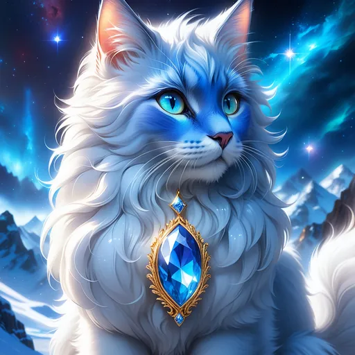 Prompt: warrior cat with {russian blue fur} and {crystal blue eyes}, senior she-cat, ice element, frost, Erin Hunter, gorgeous anime portrait, beautiful cartoon, 2d cartoon, beautiful 8k eyes, elegant {blue fur}, pronounced scar on chest, fine oil painting, modest, gazing at viewer, beaming blue eyes, glistening blue fur, low angle view, zoomed out view of character, 64k, hyper detailed, expressive, timid, graceful, beautiful, expansive silky mane, deep starry sky, golden ratio, precise, perfect proportions, vibrant, standing majestically on a tall crystal stone, hyper detailed, complementary colors, UHD, HDR, top quality artwork, beautiful detailed background, unreal 5, artstaion, deviantart, instagram, professional, masterpiece