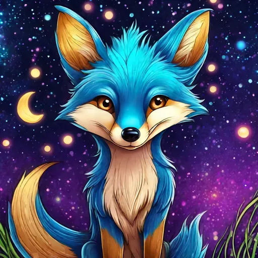 Prompt: cyan blue fox, 2D, hyper detailed drawing, colored pencils, anime purple eyes, bushy tail, intense anime pose, energetic smile, cell shading, vector art, energetic, highly detailed face, accurate proportions, accurately proportioned face, anime background, milky way view, fireflies, UHD, masterpiece, cheerful, perfect composition, perfect proportions, golden ratio, complementary colors, cinematic, complex art, complex background, peaceful