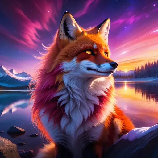 Prompt: portrait of a beautiful young crimson fox prodigy with (glistening crimson fur) and glowing jubilant {amber eyes}, feral, beautiful vixen, epic anime portrait, close up, fiery colors, brilliant sunrise, big beautiful 8k eyes, deep starry sky, cosmic auroras, epic fantasy landscape, frost, close up, fine oil painting, intense, low angle view, soft HD fur, 64k, hyper detailed, expressive, intense, elegant, graceful, silky extravagant mane, black fur lighlights, deep purple sky, colorful stones, glistening scarlet fur, sprawled at a lake shore, golden ratio, precise, perfect proportions, vibrant, lying by a sun-bathed lake, hyper detailed, complementary colors, UHD, HDR, top quality artwork, beautiful detailed background, unreal 5, artstaion, deviantart, instagram, professional, masterpiece