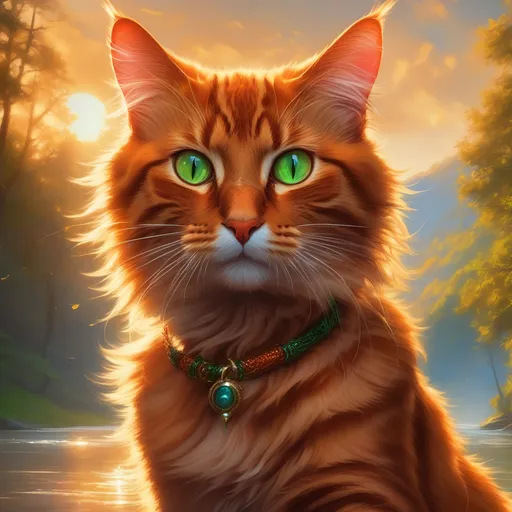 Prompt: warrior cat with {fiery orange fur} and bright green eyes, young male cat, epic anime portrait, beautiful 8k eyes, fine oil painting, intense, lunging at viewer, wearing shiny bracelet, solid red belly, worm's eye view, zoomed out view of character,  (unsheathed claws), visible claws, 64k, hyper detailed, expressive, intense, hissing cat, aggressive, intelligent, lithe, small, covered in scratches and scars, thick billowing mane, glistening golden fur, golden ratio, precise, perfect proportions, vibrant, prowling by a sun-bathed river, hyper detailed, dynamic, complementary colors, UHD, HDR, top quality artwork, beautiful detailed background, unreal 5, artstaion, deviantart, instagram, professional, masterpiece