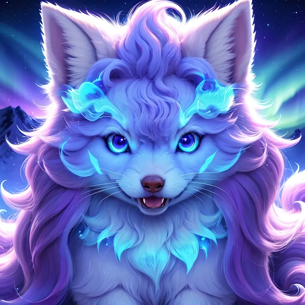 Prompt: {Alolan Vulpix}, growling, wolf, ice element, detailed artwork, portrait, 8k, detailed background, beautiful auroras, brilliant night sky, gleaming hypnotic purple eyes, mischievous, thick billowing mane, beautiful detailed eyes, golden ratio, perfect proportions, complementary colors, UHD