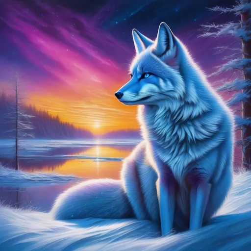 Prompt: portrait of a beautiful blue fox elder with (glistening blue fur) and glowing {sapphire blue eyes}, fine oil painting, feral, beautiful vixen kitsune, sparkling frosted fur, (plump:1.5), ice element, epic anime portrait, three quarter portrait, gazing at viewer, icy colors, frost, brilliant night sky, beautiful 8k eyes, hyper detailed fur, icy white nose, deep starry sky, cosmic auroras, epic fantasy landscape, frost, intense, low angle view, soft HD fur, 64k, hyper detailed, symmetric, depth, detailed shading, highly detailed face, expressive, calm, cold, elegant, graceful, silky extravagant mane, silver fur highlights, deep {purple sky}, colorful stones, glistening blue hair, sprawled at a frosted lake shore, golden ratio, precise, perfect proportions, vibrant, hyper detailed, complementary colors, UHD, HDR, top quality artwork, beautiful detailed background, unreal 5, artstaion, deviantart, instagram, professional, masterpiece