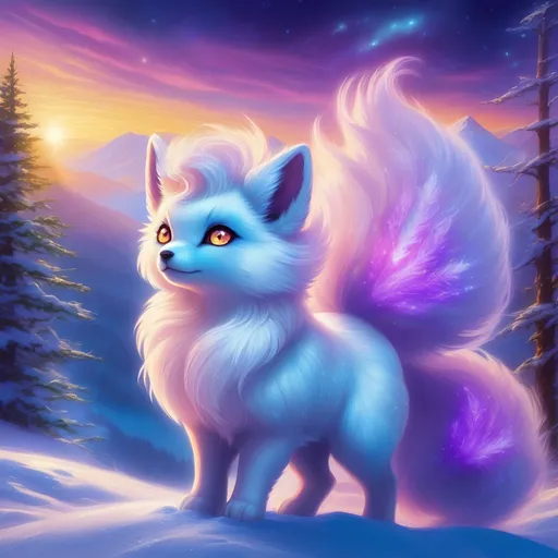 Prompt: {Alolan Vulpix}, gleaming hypnotic {amethyst purple eyes}, frost, ice element, detailed artwork, beautiful oil painting, 64k, detailed background, cosmic auroras, deep starry sky, lush cliffside, snowy mountain peaks, brilliant night sky, big purple ears, big beautiful 8k eyes, mischievous, vivid colors, thick fluffy fur, glowing ice aura, snow princess, timid, bashful rosy cheeks, thick billowing mane, intricately detailed fur, beautiful detailed eyes, golden ratio, perfect proportions, vibrant, hyper detailed, complementary colors, UHD, beautiful detailed background