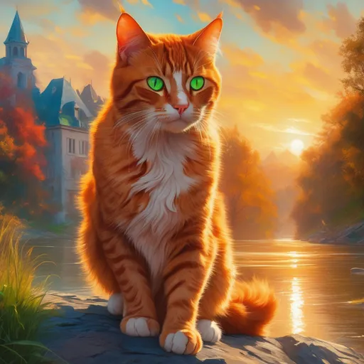 Prompt: warrior cat with {fiery orange fur} and bright green eyes, young male cat, epic anime portrait, beautiful 8k eyes, fine oil painting, handsome ginger tom, intense, lunging at viewer, wearing shiny bracelet, solid red belly, worm's eye view, zoomed out view of character,  (unsheathed claws), visible claws, 64k, hyper detailed, expressive, intense, hissing cat, aggressive, intelligent, lithe, small, covered in scratches and scars, thick billowing mane, glistening golden fur, golden ratio, precise, perfect proportions, vibrant, prowling by a sun-bathed river, hyper detailed, dynamic, complementary colors, UHD, HDR, top quality artwork, beautiful detailed background, unreal 5, artstaion, deviantart, instagram, professional, masterpiece