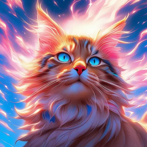 Prompt: young warrior cat with {striped blue fur} and {rose pink eyes}, feral, gorgeous anime portrait, 2d cartoon,  wind element, crackling lightning, beautiful 8k eyes, fine oil painting, intense, wearing shiny bracelet, low angle view,zoomed out view of character,  (unsheathed claws), visible claws, 64k, vast open sky, fine colored pencil,  head turned toward viewer, hyper detailed, expressive, intense, heroic, friendly, compassionate, thick billowing mane, fiery colors, heroic colors, colorful stones, glistening blue fur, golden ratio, intricate detailed fur, precise, perfect proportions, vibrant, prowling by a sun-bathed river, hyper detailed, complementary colors, UHD, HDR, top quality artwork, beautiful detailed background, unreal 5, artstaion, deviantart, instagram, professional, masterpiece
