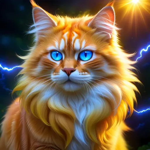 Prompt: Gold cat warrior, {glistening golden fur}, gleaming intense (deep sapphire blue eyes:1.5), electricity, lightning element, bright colors, feral, detailed artwork, beautiful oil painting, 64k, epic rpg portrait, insanely shiny and detailed fur, zoomed out view of character, detailed background, by Erin Hunter, sunshine river, (insanely beautiful realistic fur:2), brilliant auroras, brilliant golden sunrise, lightning charged atmosphere, hyper detailed, depth, rich shading, solid golden muzzle, beautiful 8k eyes, brave, fluffy, brawny, vivid colors, glowing fiery aura, thick billowing mane, bright fluffy cheeks, beautiful detailed eyes, by Anne Stokes, golden ratio, perfect proportions, vibrant colors, hyper detailed, complementary colors, UHD, ultra detailed, beautiful detailed background