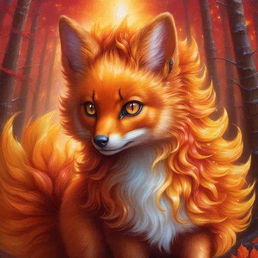 Prompt: {Vulpix}, gleaming hypnotic {garnet brown eyes}, flame, fire element, feral, frost, detailed artwork, beautiful oil painting, 64k, detailed background, aspen leaves, deep starry sky, lush cliffside, brilliant sunrise sky, big golden ears, beautiful dark muzzle, big beautiful 8k eyes, mischievous, vivid colors, thick fluffy fur, glowing fiery aura, fire princess, bashful rosy cheeks, timid, bright rosy cheeks, thick billowing mane, intricately detailed fur, beautiful detailed eyes, , by Anne Stokes, golden ratio, perfect proportions, vibrant, hyper detailed, complementary colors, UHD, beautiful detailed background