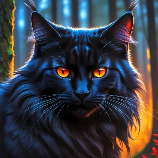 Prompt: warrior cat with jet black fur and scarlet eyes, tom cat, young apprentice, epic anime portrait, beautiful 8k eyes, fine oil painting, intense, wearing shiny bracelet, low angle view, zoomed out view of character,  (unsheathed claws), visible claws, 64k, hyper detailed, expressive, intense, heroic, friendly, aggressive yet compassionate, determined, brawny, thick billowing mane, glistening black fur, prowling through a twilight forest, golden ratio, precise, perfect proportions, vibrant, hyper detailed, complementary colors, UHD, HDR, top quality artwork, beautiful detailed background, unreal 5, artstaion, deviantart, instagram, professional, masterpiece