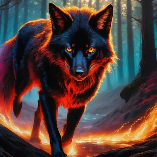 Prompt: young warrior black fox with (solid jet black fur) and scarlet eyes, feral, epic anime portrait, lightning element, crackling lightning, beautiful 8k eyes, fine oil painting, intense, wearing shiny bracelet, low angle view,  (unsheathed claws), visible claws, 64k, hyper detailed, expressive, intense, heroic, friendly, compassionate, brawny, thick billowing mane, fiery colors, psychedelic colors, lightning charged atmosphere, colorful stones, glistening black fur, prowling through a twilight forest,  golden ratio, precise, perfect proportions, vibrant, prowling by a sun-bathed river, hyper detailed, complementary colors, UHD, HDR, top quality artwork, beautiful detailed background, unreal 5, artstaion, deviantart, instagram, professional, masterpiece