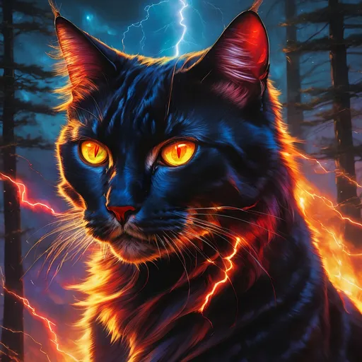 Prompt: young warrior cat with jet black fur and scarlet eyes, tom cat, apprentice, epic anime portrait, lightning element, crackling lightning, beautiful 8k eyes, fine oil painting, intense, wearing shiny bracelet, low angle view,  (unsheathed claws), visible claws, 64k, hyper detailed, expressive, intense, heroic, friendly, compassionate, brawny, thick billowing mane, fiery colors, psychedelic colors, lightning charged atmosphere, colorful stones, glistening black fur, prowling through a twilight forest,  golden ratio, precise, perfect proportions, vibrant, prowling by a sun-bathed river, hyper detailed, complementary colors, UHD, HDR, top quality artwork, beautiful detailed background, unreal 5, artstaion, deviantart, instagram, professional, masterpiece