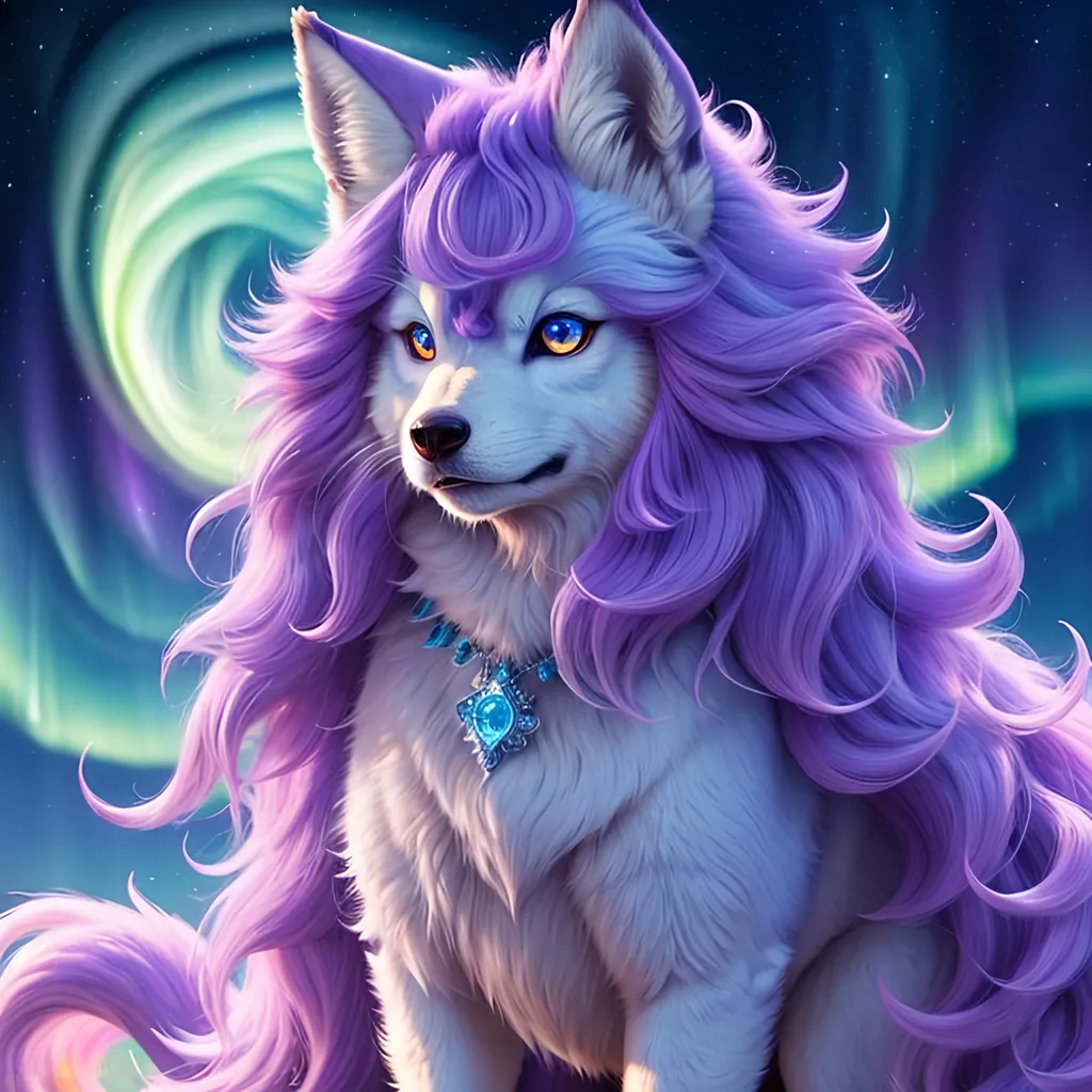 Prompt: {Alolan Vulpix}, growling, wolf, ice element, detailed artwork, portrait, 8k, detailed background, beautiful auroras, brilliant night sky, gleaming hypnotic purple eyes, mischievous, thick billowing mane, beautiful detailed eyes, golden ratio, perfect proportions, complementary colors, UHD