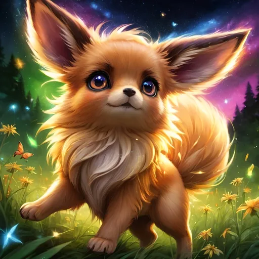 Prompt: (best quality: 1.5), (high quality:1.5), (intricate detail: 1.5), painting of an insanely beautiful magical Eevee, furry, fuzzy, happy, jubilant, magical, fairy dust, twinkling, bright colors, sparkling fur, shimmering, glistening, fairy dust in fur, dancing, running through a field, glistening golden fur, sparkling eyes, cute fangs, cute, vivid colors, vibrant colors, up close, close up, auroras, aurora halo, surreal, UHD, horizontal background, professional shading, 3D painting, ultra realistic fur, depth, running toward viewer, insanely detailed background, detailed fantasy style, insanely detailed fur, ultra detailed illustration, immaculate fur, fantasy, flying, professional digital painting, expressive face, beautiful eyes, 8k eyes, artstation, deviantart, Anne Stokes, trending, hyper detailed, stunning, breathtaking, beautiful, graceful, ethereal, enchanting, enchanted grassland, sparkling fireflies, breezy summer night, starry sky, 8k, 16k, 64k, unreal engine, perfect pose, golden ratio, symmetric, perfect proportions