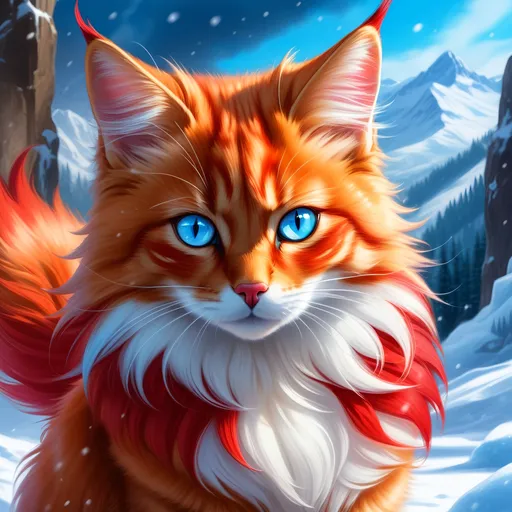 Prompt: warrior cat with {shiny red fur} and {ice blue eyes}, feral, quadruped, young she-cat, by Erin Hunter, gorgeous anime portrait, intense cartoon, beautiful 8k eyes, elegant {scarlet and garnet fur}, {pelt looks like a vixen fox}, fine oil painting, stunning, gorgeous, gazing at viewer, beaming blue eyes, glistening scarlet fur, snowstorm, ice element, 64k, hyper detailed, expressive, witty, graceful, beautiful, expansive silky mane, crystal mountain cave, golden ratio, precise, perfect proportions, vibrant, standing majestically on a tall crystal stone, hyper detailed, complementary colors, UHD, HDR, top quality artwork, beautiful detailed background, unreal 5, artstaion, deviantart, instagram, professional, masterpiece