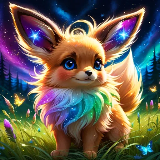Prompt: (best quality: 1.5), (high quality:1.5), (intricate detail: 1.5), painting of an insanely beautiful magical Eevee, furry, fuzzy, happy, jubilant, magical, fairy dust, twinkling, bright colors, sparkling fur, shimmering, glistening, fairy dust in fur, dancing, running through a field, cute, vivid colors, vibrant colors, up close, close up, auroras, aurora halo, surreal, UHD, horizontal background, professional shading, 3D painting, ultra realistic fur, depth, running toward viewer, insanely detailed background, detailed fantasy style, insanely detailed fur, ultra detailed illustration, immaculate fur, fantasy, flying, professional digital painting, expressive face, beautiful eyes, 8k eyes, artstation, deviantart, trending, hyper detailed, stunning, breathtaking, beautiful, graceful, ethereal, enchanting, enchanted grassland, sparkling fireflies, breezy summer night, starry sky, 8k, 16k, 64k, unreal engine, perfect pose, golden ratio, symmetric, perfect proportions