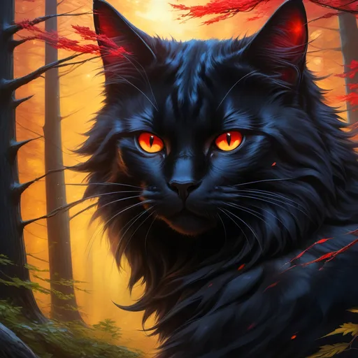 Prompt: warrior cat with jet black fur and scarlet eyes, tom cat, young apprentice, epic anime portrait, beautiful 8k eyes, fine oil painting, intense, wearing shiny bracelet, low angle view, zoomed out view of character,  (unsheathed claws), visible claws, 64k, hyper detailed, expressive, intense, heroic, friendly, aggressive yet compassionate, determined, brawny, thick billowing mane, glistening black fur, prowling through a twilight forest, golden ratio, precise, perfect proportions, vibrant, hyper detailed, complementary colors, UHD, HDR, top quality artwork, beautiful detailed background, unreal 5, artstaion, deviantart, instagram, professional, masterpiece