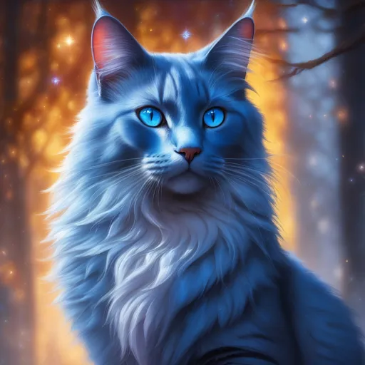 Prompt: warrior cat with {russian blue fur} and {crystal blue eyes}, ice element, frost, senior she-cat, Erin Hunter, gorgeous anime portrait, beautiful cartoon, 2d cartoon, beautiful 8k eyes, elegant {blue fur}, pronounced scar on chest, fine oil painting, modest, gazing at viewer, beaming blue eyes, glistening blue fur, low angle view, zoomed out view of character, 64k, hyper detailed, expressive, timid, graceful, beautiful, expansive silky mane, golden ratio, precise, perfect proportions, vibrant, standing majestically on a tall crystal stone, deep starry sky, hyper detailed, complementary colors, UHD, HDR, top quality artwork, beautiful detailed background, unreal 5, artstaion, deviantart, instagram, professional, masterpiece