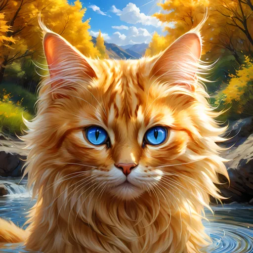 Prompt: warrior cat with pearl-gold fur and sapphire blue eyes, tom cat, epic anime portrait, beautiful 8k eyes, fine oil painting, intense, lunging at viewer, wearing shiny bracelet, worm's eye view, zoomed out view of character,  (unsheathed claws), visible claws, 64k, hyper detailed, expressive, intense, hissing cat, aggressive, intelligent, lithe, small, covered in scratches and scars, thick billowing mane, glistening golden fur, golden ratio, precise, perfect proportions, vibrant, prowling by a sun-bathed river, hyper detailed, complementary colors, UHD, HDR, top quality artwork, beautiful detailed background, unreal 5, artstaion, deviantart, instagram, professional, masterpiece