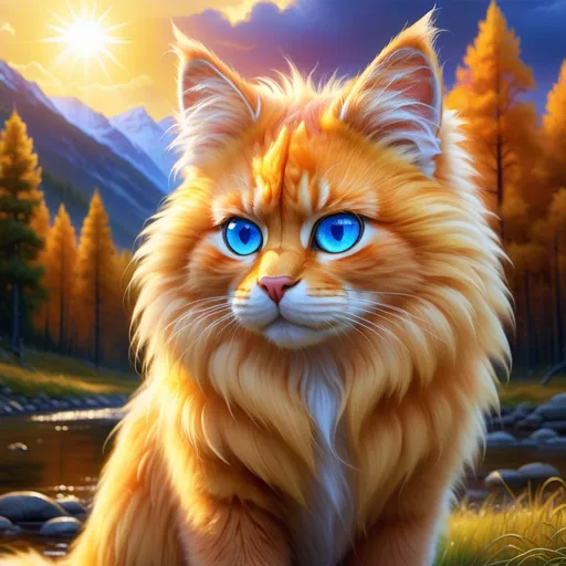 Prompt: Gold cat warrior, {glistening golden fur}, gleaming intense (deep sapphire blue eyes:1.5), electricity, lightning element, bright colors, feral, detailed artwork, beautiful oil painting, 64k, epic rpg portrait, zoomed out view of character, detailed background, by Erin Hunter, sunshine river, (insanely beautiful realistic fur:2), brilliant auroras, brilliant golden sunrise, hyper detailed, depth, rich shading, beautiful 8k eyes, brave, fluffy, brawny, vivid colors, glowing fiery aura, thick billowing mane, bright fluffy cheeks, intricately detailed fur, beautiful detailed eyes, by Anne Stokes, golden ratio, perfect proportions, vibrant colors, hyper detailed, complementary colors, UHD, ultra detailed, beautiful detailed background