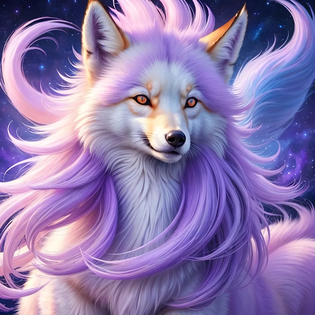 Prompt: hyper realistic, epic oil painting, masterpiece, dynamic, UHD, professional, {Alolan Ninetales}, growling, fox, white maned wolf, brilliant hypnotic purple eyes, silky lavender fur, ageless, ornate highly detailed eyes, lives for a thousand years, wise, extravagant silky mane, ice element, detailed artwork, portrait, 8k, global illumination, detailed background, auroras, brilliant night sky, mischievous, thick billowing mane, hyper realism, realistic,, studio quality, close up, mid close up, 64k, cinematic, rare, extravagant