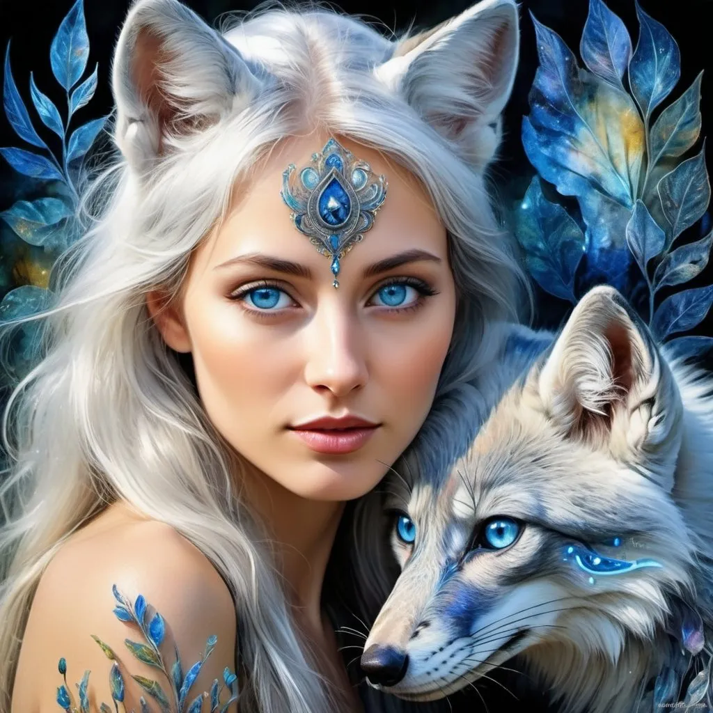 Prompt:   Double Exposure,  A very beautiful silver fox, with piercing blue eyes, in the style of Josephine Wall, Ultrarealistic digital illustration, detailed watercolor drawing on soft paper, Contemporary beautiful art, sensuality, atmospheric, dark fantasy, fantasy, magic, botanical, super-detail, psychedelic colors, vivid colors, golden ratio, high quality, HDR, 1024k, 8d,  professional