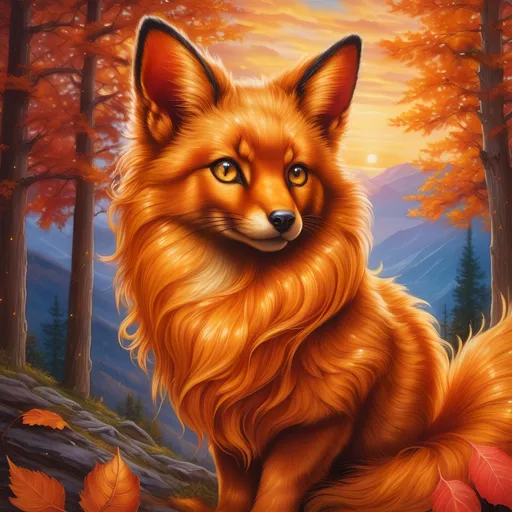 Prompt: {Vulpix}, gleaming hypnotic {chocolate brown eyes}, flame, fire element, feral, frost, detailed artwork, beautiful oil painting, 64k, detailed background, aspen leaves, deep starry sky, lush cliffside, brilliant sunrise sky, big golden ears, beautiful {golden brown muzzle}, luxurious {golden brown pelt}, big beautiful 8k eyes, mischievous, vivid colors, thick fluffy fur, glowing fiery aura, fire princess, bashful rosy cheeks, timid, bright rosy cheeks, thick billowing mane, intricately detailed fur, beautiful detailed eyes, , by Anne Stokes, golden ratio, perfect proportions, vibrant, hyper detailed, complementary colors, UHD, beautiful detailed background