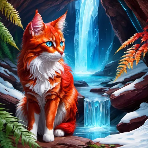 Prompt: warrior cat with {shiny red fur} and {crisp ice blue eyes}, feral, quadruped, young she-cat, by Erin Hunter, gorgeous anime portrait, intense cartoon, beautiful 8k eyes, elegant {scarlet and garnet fur}, {pelt looks like a vixen fox}, fine oil painting, stunning, gorgeous, back view, gazing at viewer, beaming blue eyes, looking back, (rear view:1.5), (looking over shoulder:1.5), (raised tail:2.5), glistening scarlet fur, draped in ferns, snowstorm, ice element, 64k, hyper detailed, expressive, witty, graceful, beautiful, expansive silky mane, crystal mountain cave, secluded crystal river, crystal waterfall, golden ratio, precise, perfect proportions, vibrant, standing majestically on a tall crystal stone, hyper detailed, complementary colors, UHD, HDR, top quality artwork, beautiful detailed background, unreal 5, artstaion, deviantart, instagram, professional, masterpiece