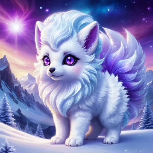 Prompt: {Alolan Vulpix}, gleaming hypnotic {amethyst purple eyes}, frost, ice element, detailed artwork, beautiful oil painting, 64k, detailed background, cosmic auroras, deep starry sky, lush cliffside, snowy mountain peaks, brilliant night sky, big purple ears, big beautiful 8k eyes, mischievous, vivid colors, thick fluffy fur, glowing ice aura, snow princess, {cute angry face}, bashful rosy cheeks, timid, bright rosy cheeks, thick billowing mane, intricately detailed fur, beautiful detailed eyes, , by Anne Stokes, golden ratio, perfect proportions, vibrant, hyper detailed, complementary colors, UHD, beautiful detailed background