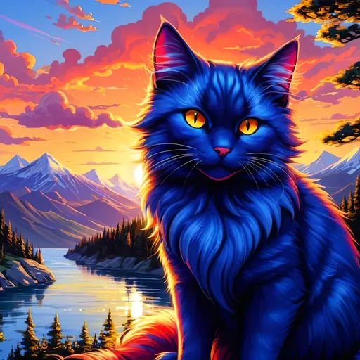 Prompt: detailed oil portrait of a stunning beautiful blue cat with {cobalt blue fur} and {sunset orange eyes}, nine-tailed cat, nine fluffy silver tails, feral, kitsune tails, quadruped, tom cat, Warrior cats by Erin Hunter, gorgeous anime portrait, intense cartoon, beautiful 8k eyes, kitsune, nine-tailed fox, ice element, (blue nose), detailed fine fur, fine oil painting, detailed digital painting, stunning, gorgeous, gazing at viewer, beaming eyes, lake shore sunrise, sharply focused red clouds, highly detailed mountain vista, brilliant sunrise on purple sky, horizontal background, 64k, hyper detailed, expressive, clever, beautiful, thick silky mane, golden ratio, symmetric, accurate anatomy, precise, perfect proportions, vibrant, standing majestically on a tree, hyper detailed, complementary colors, UHD, HDR, top quality artwork, beautiful detailed background, unreal 5, artstaion, deviantart, instagram, professional, masterpiece