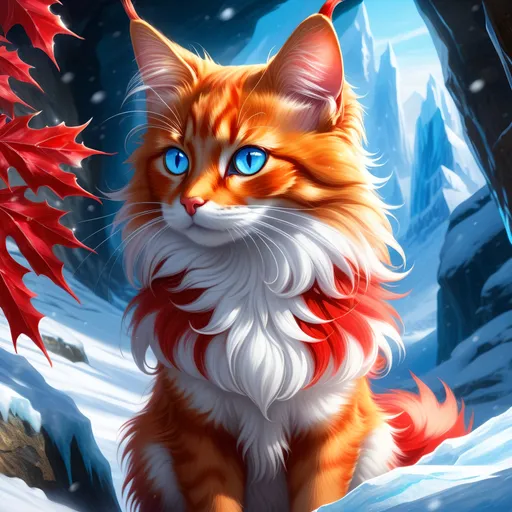 Prompt: warrior cat with {shiny red fur} and {ice blue eyes}, feral, quadruped, young she-cat, by Erin Hunter, gorgeous anime portrait, intense cartoon, beautiful 8k eyes, elegant {scarlet and garnet fur}, {pelt looks like a fox}, wearing holly leaves, fine oil painting, stunning, gorgeous, gazing at viewer, beaming blue eyes, glistening scarlet fur, snowstorm, ice element, 64k, hyper detailed, expressive, witty, graceful, beautiful, expansive silky mane, crystal mountain cave, golden ratio, precise, perfect proportions, vibrant, standing majestically on a tall crystal stone, hyper detailed, complementary colors, UHD, HDR, top quality artwork, beautiful detailed background, unreal 5, artstaion, deviantart, instagram, professional, masterpiece