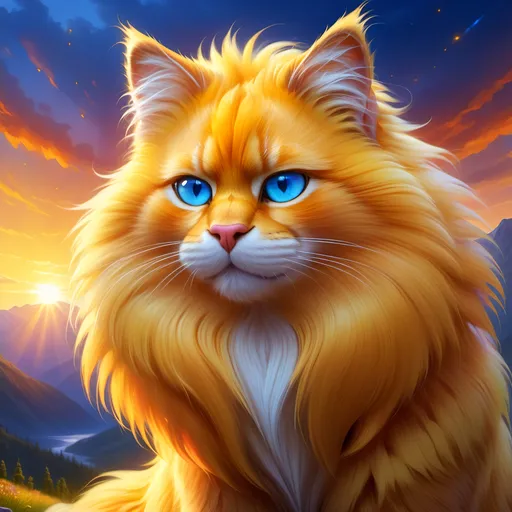 Prompt: Gold cat warrior, {glistening golden fur}, gleaming intense (deep sapphire blue eyes:1.5), electricity, lightning element, bright colors, feral, detailed artwork, beautiful oil painting, 64k, epic rpg portrait, zoomed out view of character, detailed background, by Erin Hunter, sunshine river, (insanely beautiful realistic fur:2), brilliant auroras, brilliant golden sunrise, hyper detailed, depth, rich shading, beautiful 8k eyes, brave, fluffy, plump, vivid colors, thick fluffy fur, glowing fiery aura, thick billowing mane, bright fluffy cheeks, intricately detailed fur, beautiful detailed eyes, by Anne Stokes, golden ratio, perfect proportions, vibrant colors, hyper detailed, complementary colors, UHD, ultra detailed, beautiful detailed background