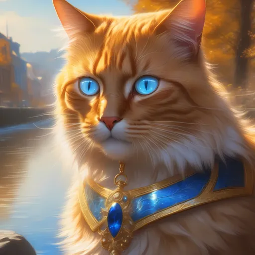 Prompt: warrior cat with pearl-gold fur and sapphire blue eyes, tom cat, epic anime portrait, beautiful 8k eyes, fine oil painting, intense, lunging at viewer, wearing shiny bracelet, worm's eye view, zoomed out view of character,  (unsheathed claws), visible claws, 64k, hyper detailed, expressive, intense, hissing cat, aggressive, intelligent, lithe, small, covered in scratches and scars, thick billowing mane, glistening golden fur, golden ratio, precise, perfect proportions, vibrant, prowling by a sun-bathed river, hyper detailed, complementary colors, UHD, HDR, top quality artwork, beautiful detailed background, unreal 5, artstaion, deviantart, instagram, professional, masterpiece