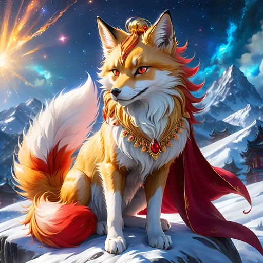 Prompt: warrior (fox) with {bright gold fur} and {ruby red eyes}, feral fox, kitsune, nine-tailed fox, gorgeous anime portrait, beautiful cartoon, beautiful 8k eyes, elegant {red fur}, four-legged, quadruped, pronounced scar on chest, oil painting, modest, gazing at viewer, fiery red eyes, glistening golden hair, furry golden paws, low angle view, 64k, hyper detailed, expressive, graceful, beautiful, small lithe cat, expansive silky golden mane, shining fur, deep starry sky, UHD background, golden ratio, precise, perfect proportions, vibrant colors, standing majestically on a tall crystal stone, hyper detailed, complementary colors, UHD, HDR, top quality art, beautiful detailed background, unreal 5, artstaion, deviantart, instagram, professional, masterpiece