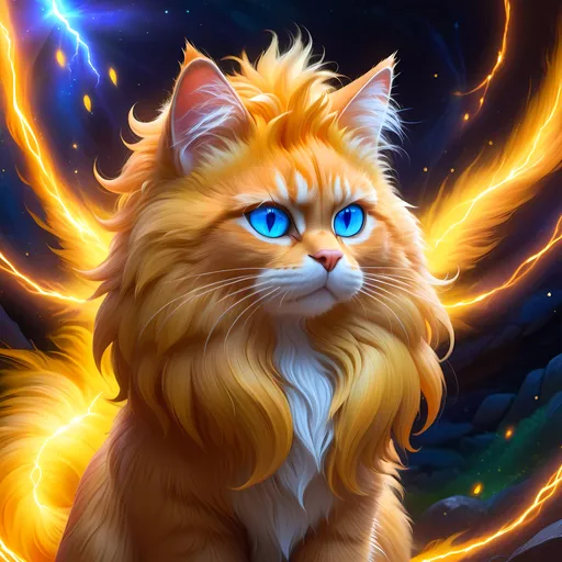 Prompt: Gold cat warrior, {glistening golden fur}, gleaming intense (deep sapphire blue eyes:1.5), electricity, lightning element, bright colors, feral, detailed artwork, beautiful oil painting, 64k, epic rpg portrait, zoomed out view of character, detailed background, by Erin Hunter, sunshine river, brilliant auroras, brilliant golden sunrise, hyper detailed, depth, rich shading, beautiful dark muzzle, beautiful 8k eyes, brave, fluffy, plump, vivid colors, thick fluffy fur, glowing fiery aura, thick billowing mane, bright fluffy cheeks, intricately detailed fur, beautiful detailed eyes, by Anne Stokes, golden ratio, perfect proportions, vibrant, hyper detailed, complementary colors, UHD, ultra detailed, beautiful detailed background