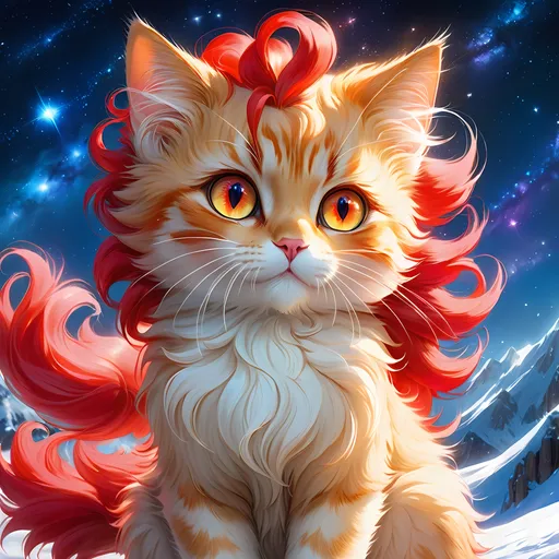 Prompt: clawmaster (cat) with {red fur} and {ruby red eyes}, feral cat, by Erin Hunter, gorgeous anime portrait, beautiful cartoon, beautiful 8k eyes, elegant {red fur}, pronounced scar on chest, oil painting, modest, gazing at viewer, fiery red eyes, glistening golden hair, furry golden paws, low angle view, 64k, hyper detailed, expressive, graceful, beautiful, small lithe cat, expansive silky golden mane, shining fur, deep starry sky, UHD background, golden ratio, precise, perfect proportions, vibrant colors, standing majestically on a tall crystal stone, hyper detailed, complementary colors, UHD, HDR, top quality art, beautiful detailed background, unreal 5, artstaion, deviantart, instagram, professional, masterpiece