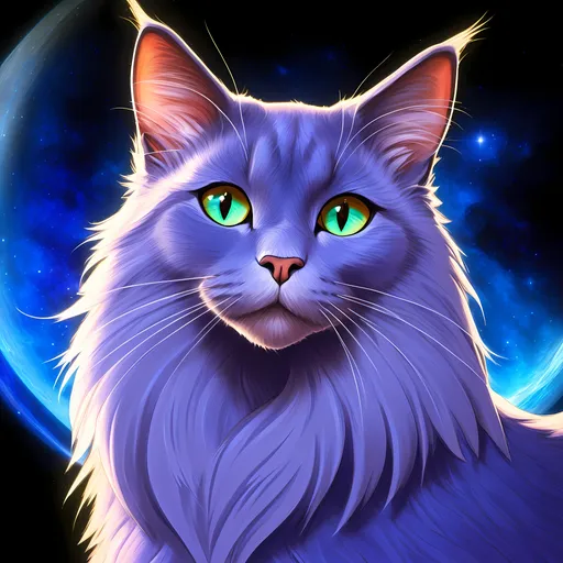 Prompt: warrior cat with {russian blue fur} and {crystal blue eyes}, senior she-cat, Erin Hunter, gorgeous anime portrait, beautiful cartoon, 2d cartoon, beautiful 8k eyes, elegant {blue fur}, pronounced scar on chest, fine oil painting, modest, gazing at viewer, beaming blue eyes, brilliant cosmic auroras, glistening blue fur, low angle view, zoomed out view of character, 64k, hyper detailed, expressive, timid, graceful, beautiful, expansive silky mane, golden ratio, precise, perfect proportions, vibrant, standing majestically on a tall crystal stone, hyper detailed, complementary colors, UHD, HDR, top quality artwork, beautiful detailed background, unreal 5, artstaion, deviantart, instagram, professional, masterpiece