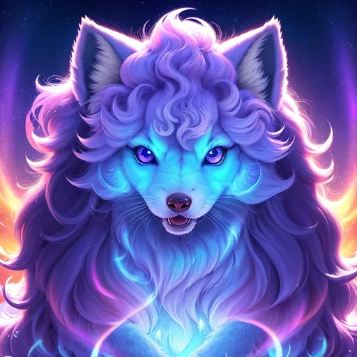 Prompt: {Alolan Vulpix}, growling, wolf, ice element, detailed artwork, portrait, 8k, detailed background, beautiful auroras, brilliant night sky, gleaming hypnotic purple eyes, mischievous, thick billowing mane, beautiful detailed eyes, golden ratio, perfect proportions, complementary colors, UHD