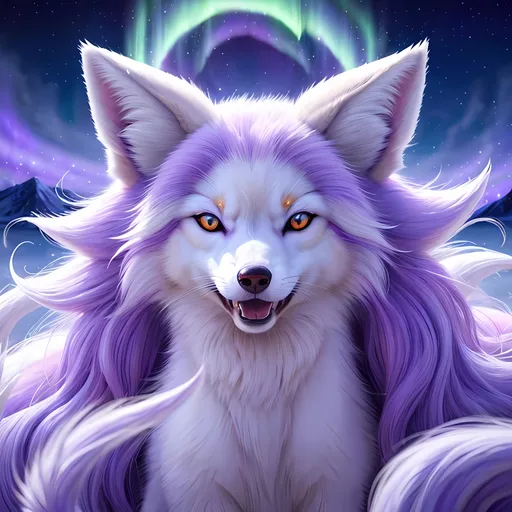 Prompt: {Alolan Ninetales}, growling, fox, kitsune, white maned wolf, brilliant purple eyes, silky lavender fur, ageless, lives for a thousand years, wise, ice element, detailed artwork, portrait, 8k, detailed background, auroras, brilliant night sky, mischievous, thick billowing mane, hyper realism, realistic, hyper realistic