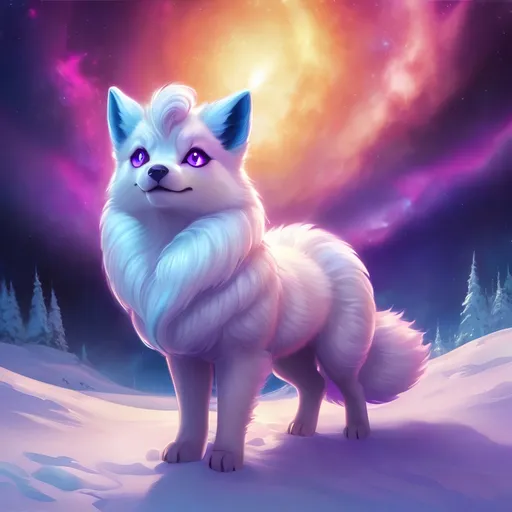 Prompt: {Alolan Vulpix}, growling, wolf, ice element, detailed artwork, portrait, 8k, detailed background, beautiful auroras, brilliant night sky, gleaming hypnotic purple eyes, mischievous, thick billowing mane, beautiful detailed eyes, golden ratio, perfect proportions, complementary colors, UHD