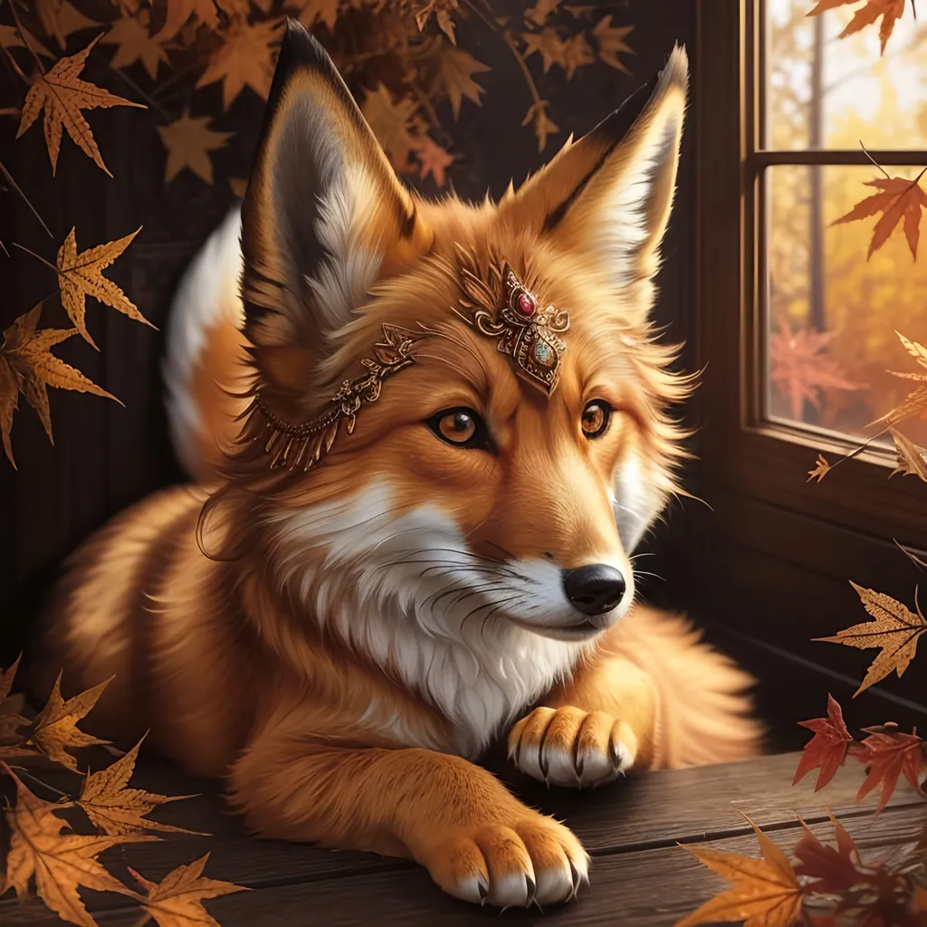 Prompt: (3D, masterpiece, detailed oil painting, ultra detailed background, UHD character, UHD background) Adolescent runt (fox), canine (quadruped), dreamy amber eyes, fuzzy golden pelt, copper bracelet with gold etchings on head, pointy brown ears, vivid red sugar maples, timid, curious, slender, scrawny, fluffy gold-white mane, blue frosty fur highlights, warm orange fur highlights, frost on face, dreamy, melodic, beautifully detailed fur, beautifully detailed eyes, beautifully detailed defined face, beautifully detailed background, full body focus, 16k