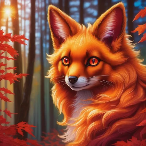 Prompt: Bronze {Vulpix}, {copper fur}, gleaming hypnotic (garnet brown eyes:1.5), flame, fire element, feral, frost, detailed artwork, beautiful oil painting, 64k, detailed background, aspen leaves, deep starry sky, lush cliffside, brilliant sunrise sky, big golden ears, beautiful dark muzzle, big beautiful 8k eyes, mischievous, vivid colors, thick fluffy fur, glowing fiery aura, fire princess, bashful rosy cheeks, timid, bright rosy cheeks, thick billowing mane, intricately detailed fur, beautiful detailed eyes, , by Anne Stokes, golden ratio, perfect proportions, vibrant, hyper detailed, complementary colors, UHD, beautiful detailed background