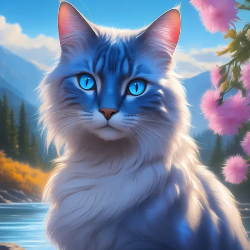 Prompt: warrior cat with {silver-blue fur} and {crystal blue eyes}, senior she-cat, Erin Hunter, gorgeous anime portrait, beautiful cartoon, 2d cartoon, beautiful 8k eyes, elegant {blue fur}, pronounced scar on chest, fine oil painting, modest, gazing at viewer, worm's eye view, frosted flowers, zoomed out view of character, wears a bracelet, 64k, hyper detailed, expressive, timid, graceful, beautiful, expansive silky mane, golden ratio, precise, perfect proportions, vibrant, tanning by a sun-bathed river, hyper detailed, complementary colors, UHD, HDR, top quality artwork, beautiful detailed background, unreal 5, artstaion, deviantart, instagram, professional, masterpiece