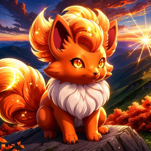 Prompt: (best quality:1.5), (high quality:1.5), (masterpiece:1.5), stunning beautiful 2D anime portrait of (fire Vulpix) with (gleaming bright fur:2) and (sparkling brown eyes:2), close up, dazzling eyes, crystalline glassy dazzling white fur, glassy dazzling tails, sparkling fur highlights, huge beautiful sparkling eyes, many tails, surreal, incredibly detailed fur highlights, multiple tails, Pokemon anime, incredibly detailed Vulpix face, six distinct lush tails, fire element, fiery maw, Vulpix tails, beautiful defined detailed paws, gorgeous anime portrait, magic fur highlights, visible tails, beautiful tails, extremely smooth fur texture, beautiful 8k eyes, kitsune, layers of incredibly detailed mountains, wild, nature, close up with sparkling eyes in sharp focus, magical, ethereal, enchanted, highly detailed face, fine anime painting, fire element, stunning, cute, majestic, {coils of long curly silky hair on forehead}, raised tails, gorgeous, gazing at viewer, {long silky tails}, beaming eyes, curious eyes, lake shore sunrise, perfect reflection, shimmering, beautifully defined legs, beautiful detailed defined shading, french curves, professional shading, sharply focused clouds, highly detailed jagged mountain vista, brilliant sunrise sky, (horizontal background), 64k, hyper detailed, expressive, beautiful, {golden ratio}, symmetric, accurate anatomy, precise, perfect proportions, vibrant, standing majestically on a mountain, hyper detailed, complementary colors, UHD, HDR, top quality artwork, beautiful detailed background, unreal 5, artstaion, deviantart, instagram, professional, 16k