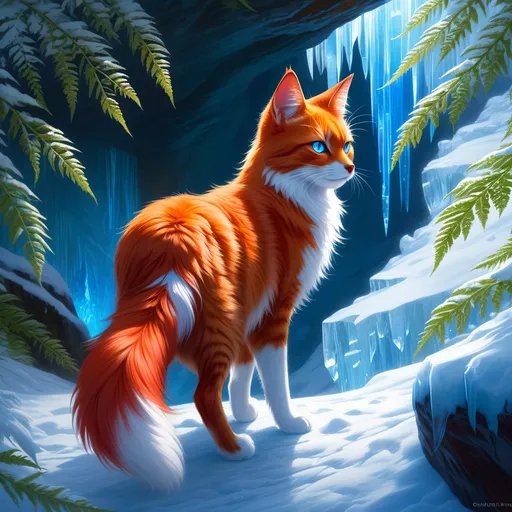 Prompt: warrior cat with {shiny red fur} and {crisp ice blue eyes}, feral, quadruped, young she-cat, by Erin Hunter, gorgeous anime portrait, intense cartoon, beautiful 8k eyes, elegant {scarlet and garnet fur}, {pelt looks like a vixen fox}, fine oil painting, stunning, gorgeous, back view, gazing at viewer, beaming blue eyes, looking back, rear view, looking over shoulder, glistening scarlet fur, draped in ferns, snowstorm, ice element, 64k, hyper detailed, expressive, witty, graceful, beautiful, expansive silky mane, crystal mountain cave, secluded crystal river, golden ratio, precise, perfect proportions, vibrant, standing majestically on a tall crystal stone, hyper detailed, complementary colors, UHD, HDR, top quality artwork, beautiful detailed background, unreal 5, artstaion, deviantart, instagram, professional, masterpiece