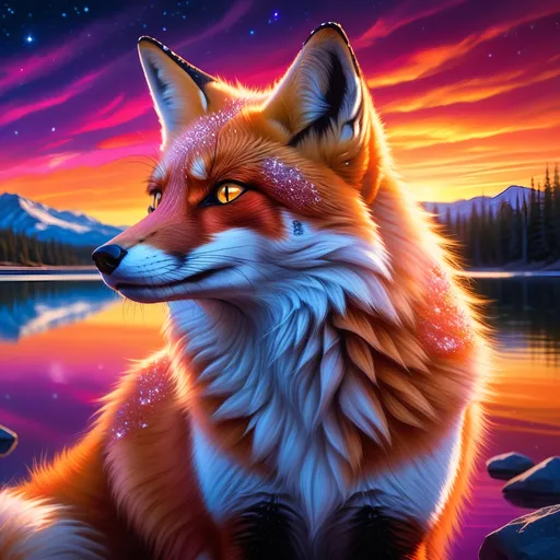 Prompt: portrait of a beautiful young crimson fox prodigy with (glistening crimson fur) and glowing {hazel green eyes}, fine oil painting, feral, beautiful vixen kitsune, epic anime portrait, three quarter portrait, gazing at viewer, fiery colors, brilliant sunrise, beautiful 8k eyes, deep starry sky, cosmic auroras, epic fantasy landscape, frost, close up, intense, low angle view, soft HD fur, 64k, hyper detailed, symmetric, depth, detailed shading, highly detailed face, expressive, intense, elegant, graceful, silky extravagant mane, black fur lighlights, deep purple sky, colorful stones, glistening scarlet fur, sprawled at a lake shore, golden ratio, precise, perfect proportions, vibrant, lying by a sun-bathed lake, hyper detailed, complementary colors, UHD, HDR, top quality artwork, beautiful detailed background, unreal 5, artstaion, deviantart, instagram, professional, masterpiece