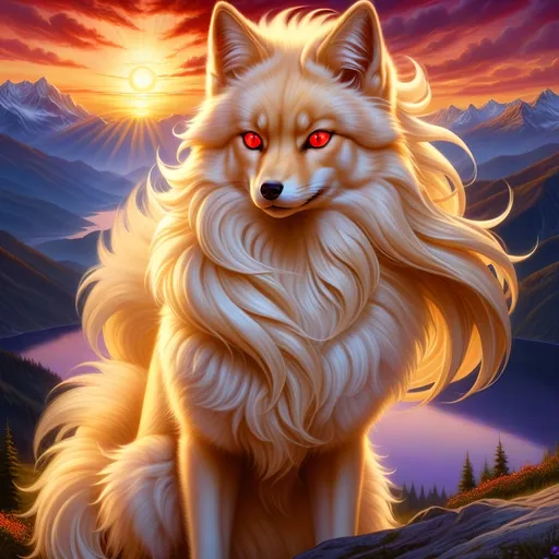 Prompt: (best quality:1.5), (high quality:1.5), (masterpiece:1.5), stunning beautiful Ninetales with (gleaming gold fur:2) and (glowing red eyes:2), sparkling fur highlights, huge beautiful sparkling eyes, nine-tailed fox, many tails, multiple tails, nine lush amber tails, feral, fire element, fiery maw, kitsune tails, beautiful defined detailed paws, quadruped, gorgeous anime portrait, intense cartoon, magic white fur highlights, tall and slender, foxy head turn, beautiful 8k eyes, kitsune, close up, up close, layers of incredibly detailed mountains, wild, nature, magical, ethereal, enchanted, incredibly detailed fur, highly detailed face, water element, detailed fine fur, fine oil painting, stunning, finely  detailed fur, fierce, majestic, long silky hair, intimidating, gorgeous, gazing at viewer, beaming eyes, glowered eyes, well-defined figure, beautiful defined figure, lake shore sunrise, perfect reflection, shimmering, beautifully defined legs, beautiful detailed defined shading, long ribbon-like hair on forehead, french curves, professional shading, long flowing hair on crest, sharply focused red clouds, Anne Stokes, highly detailed jagged mountain vista, brilliant sunrise on purple sky, (horizontal background), 64k, hyper detailed, expressive, beautiful, thick silky mane, golden ratio, symmetric, accurate anatomy, precise, perfect proportions, vibrant, standing majestically on a mountain, hyper detailed, complementary colors, UHD, HDR, top quality artwork, beautiful detailed background, unreal 5, artstaion, deviantart, instagram, professional, 16k